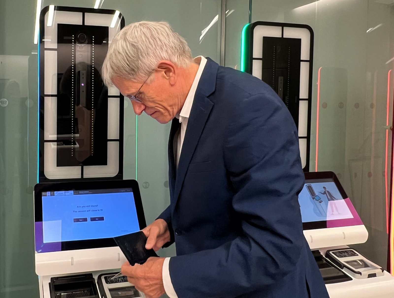 Simon Calder at entry-exit system kiosk at London St Pancras International