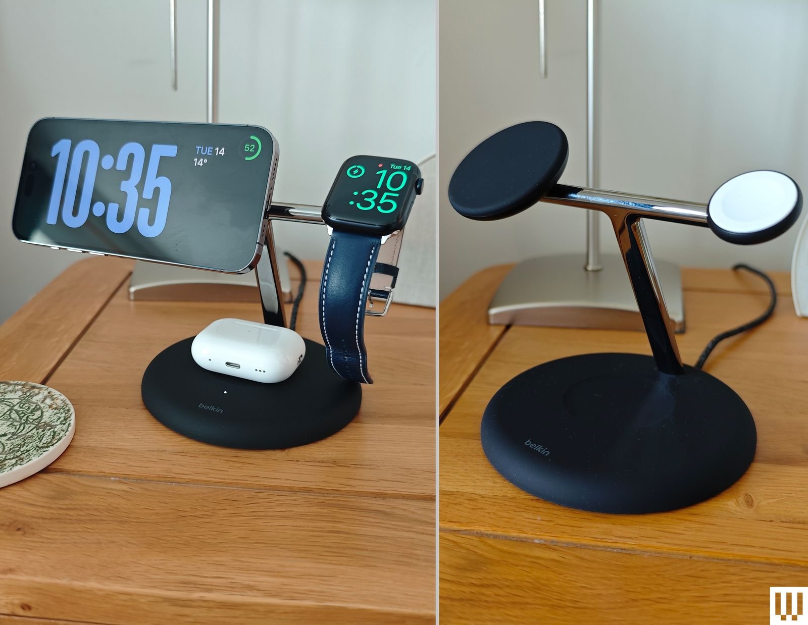 Belkin 3in1 Qi2 Charging Stand a black stand with 2 extending arms to hold devices shown on the left with a phone watch...