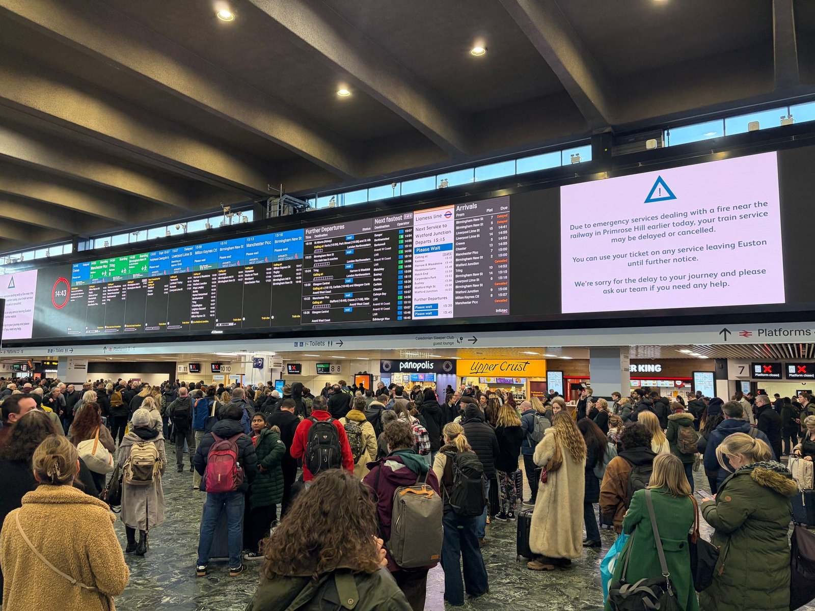 People in Euston Station, London. National Rail Enquiries said some lines of the West Coast Main Line are blocked between London Euston and Watford Junction because of a fire in Camden, north London. Picture date: Friday January 30, 2026. PA Photo. Photo credit should read: Sam McEvans/PA Wire