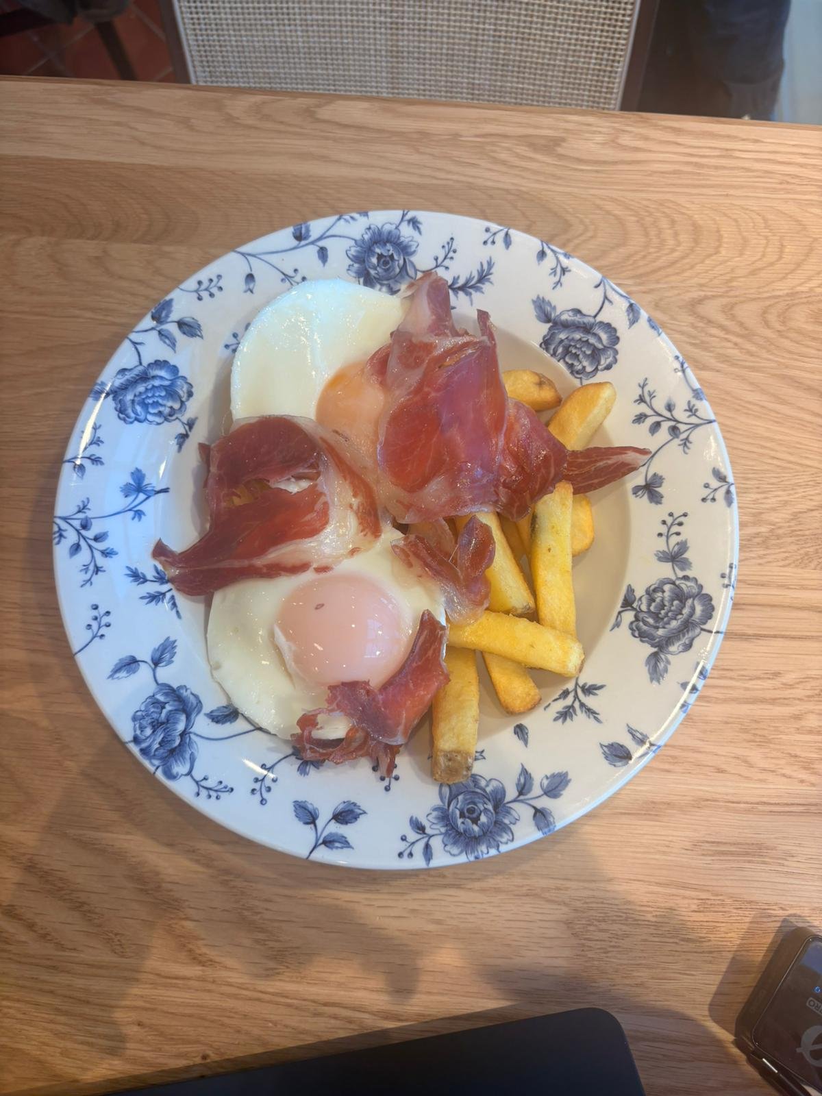 I taste-tested the broken eggs with Iberian ham