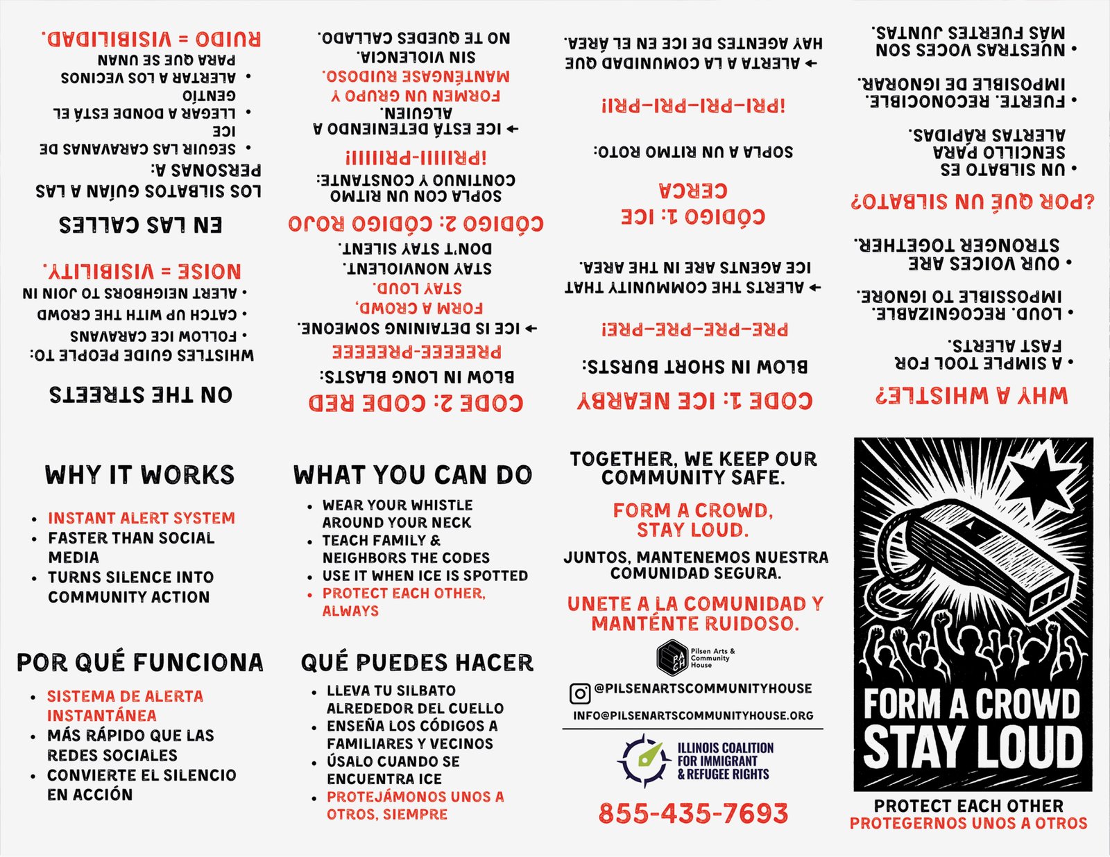 Pilsen Arts’ Form a Crowd, Stay Loud teaches the Whistle Code: Blow in short bursts if you see ICE nearby; blow long blasts if they’re detaining someone. Cofounder Teresa Magaña tells us her zine is now distributed in 25 states and was directly inspired by this video from comedian Marquez Acuna.