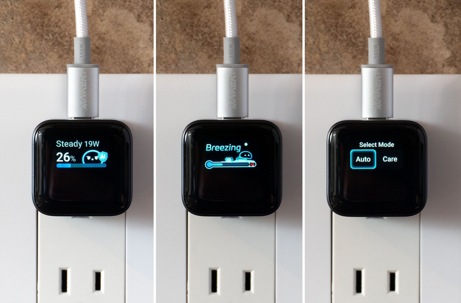 Three images of the Anker Nano charger plugged into a wall outlet showing the different screens that can be cycled.