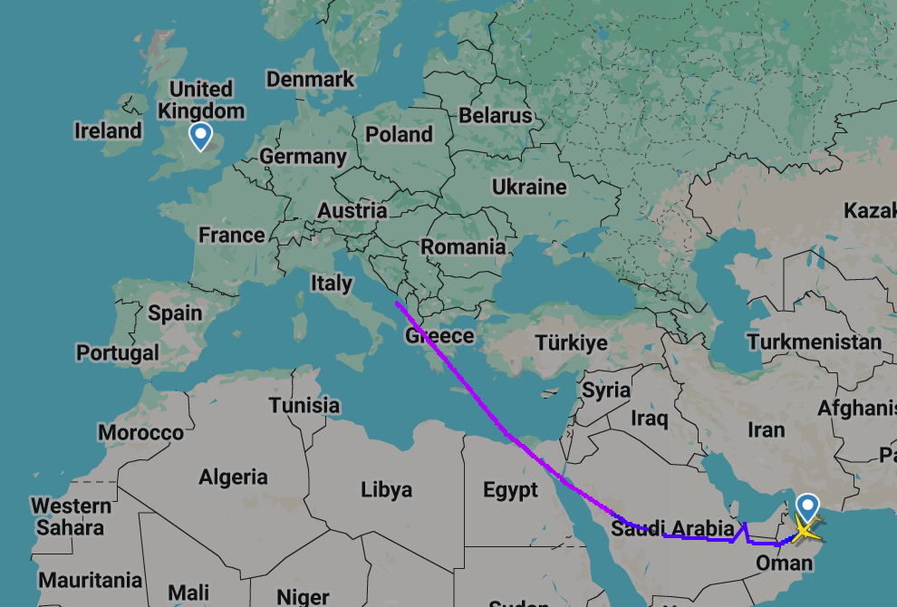 Homeward bound: the flight path of BA80 from Muscat in Oman to London Heathrow