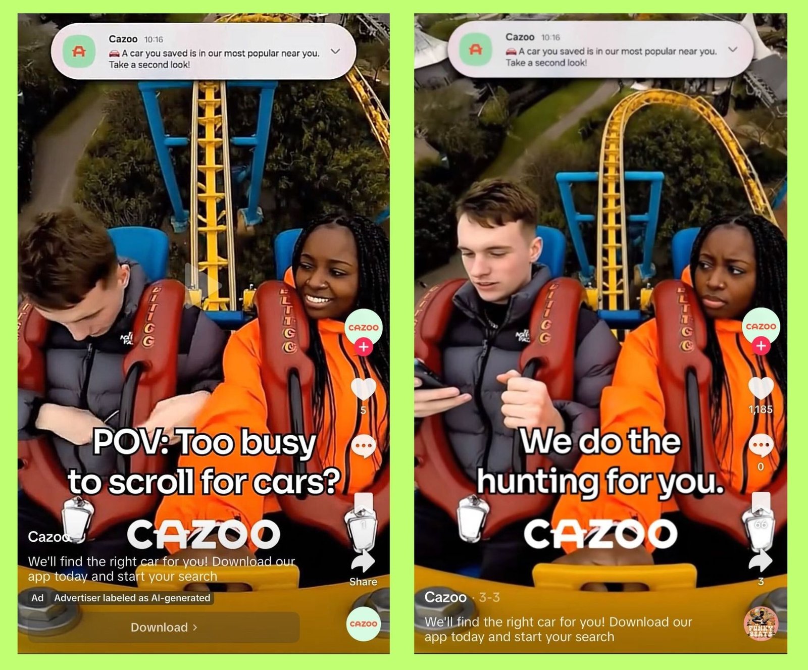 Two screenshot examples of ads and promotional content on TikTok that use AI-generated visuals.