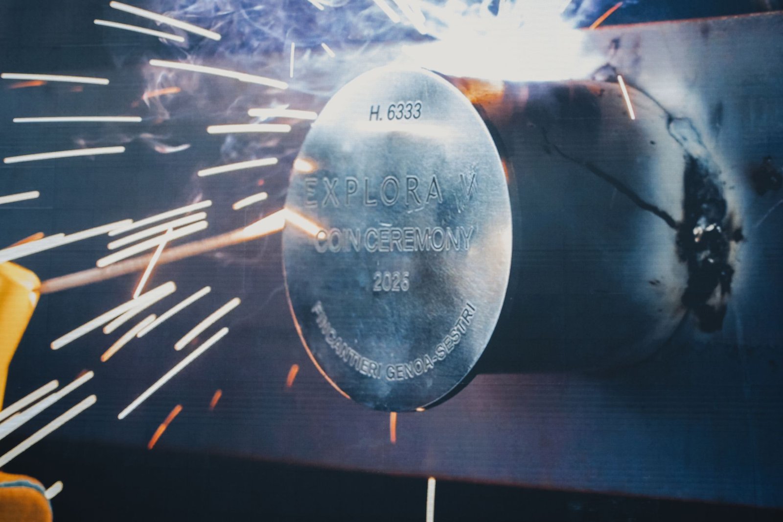A ceremonial coin is welded into the keel of Explora V for good luck