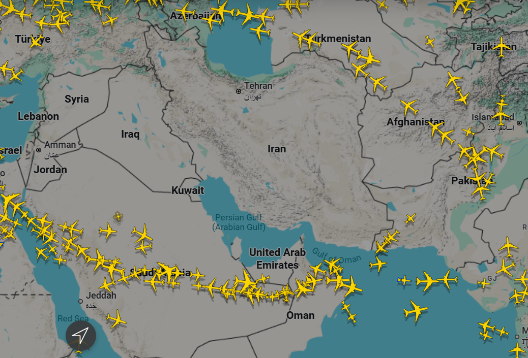 This Flightradar24 image, dated to Wednesday, March 4, shows how the US-Israel-Iran conflict has created a vast no-go zone