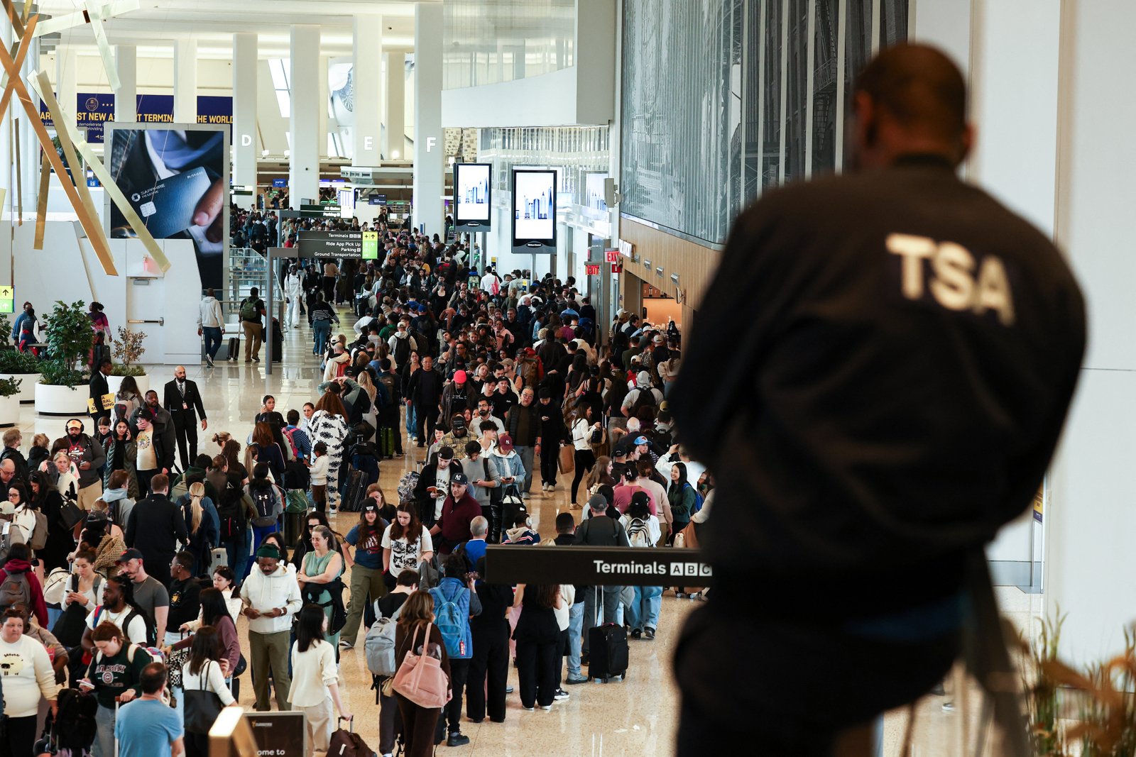 A security line snakes through LaGuardia Airport