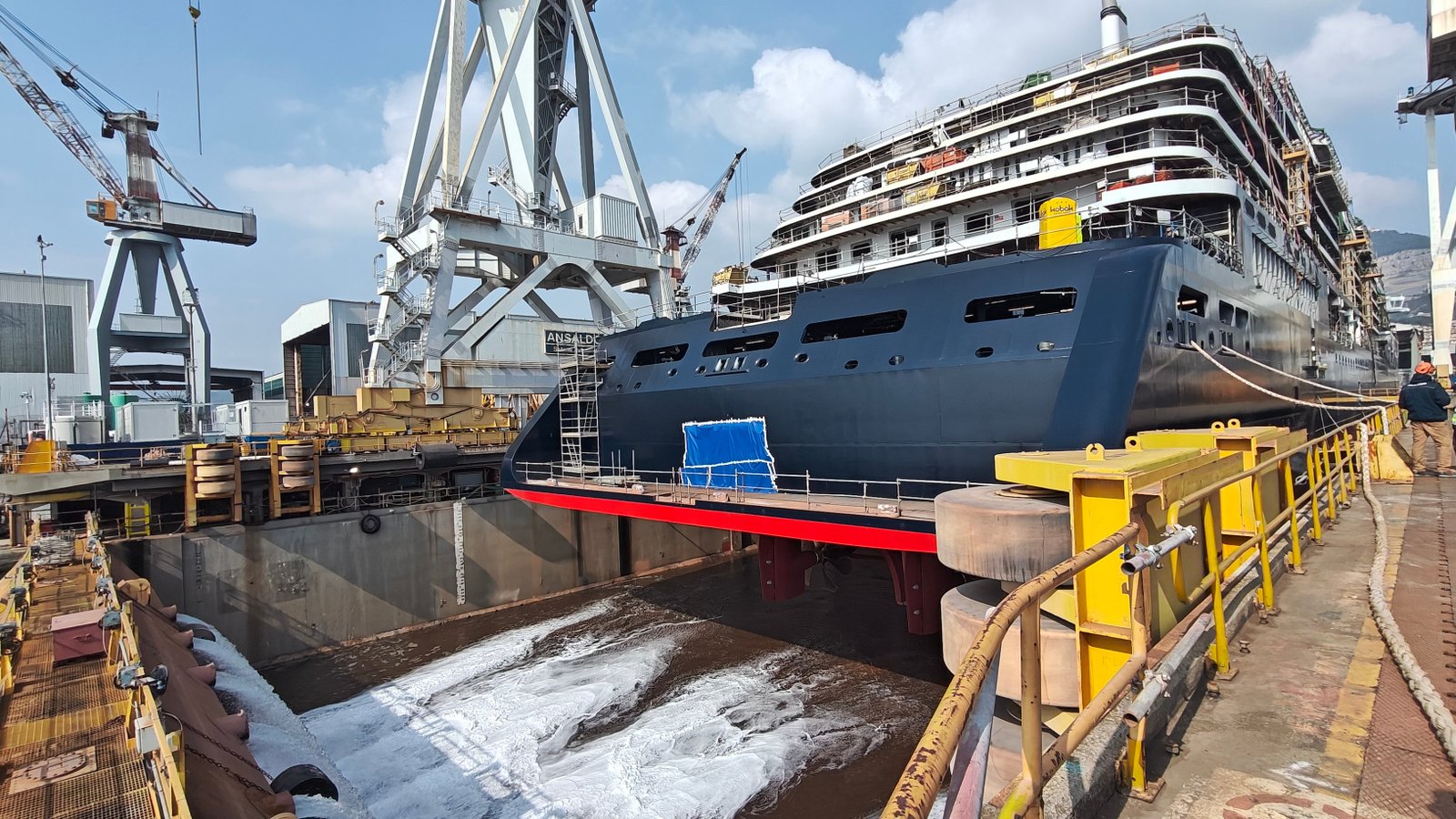 The dry dock was filled with water at the Finacntieri shipyard to float-out Explora IV