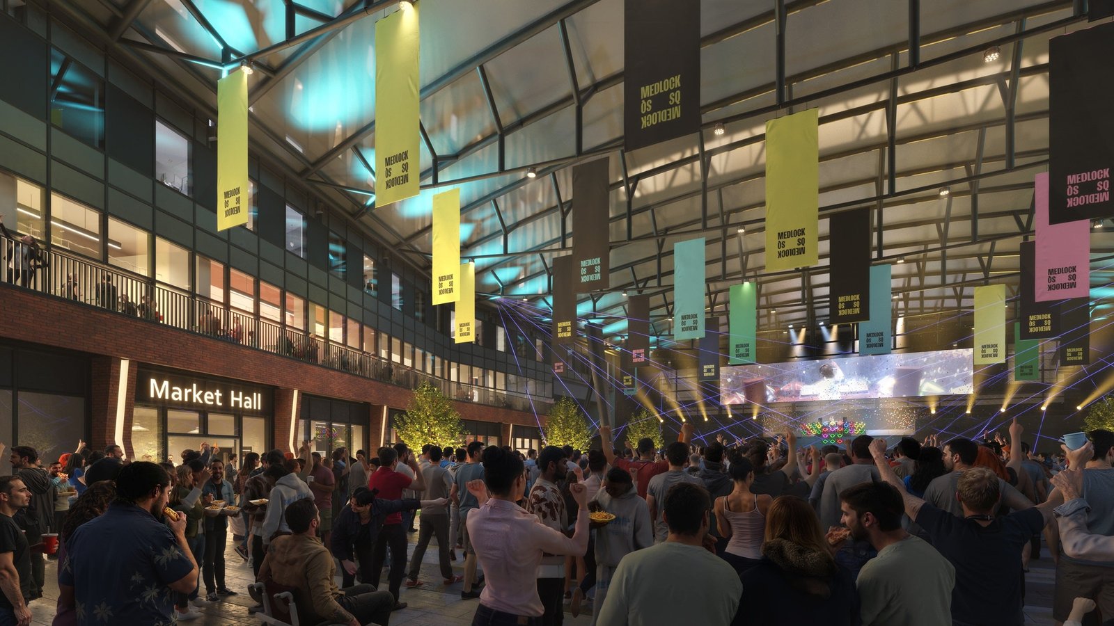 A rendering of the food and drink vendors at Medlock Square