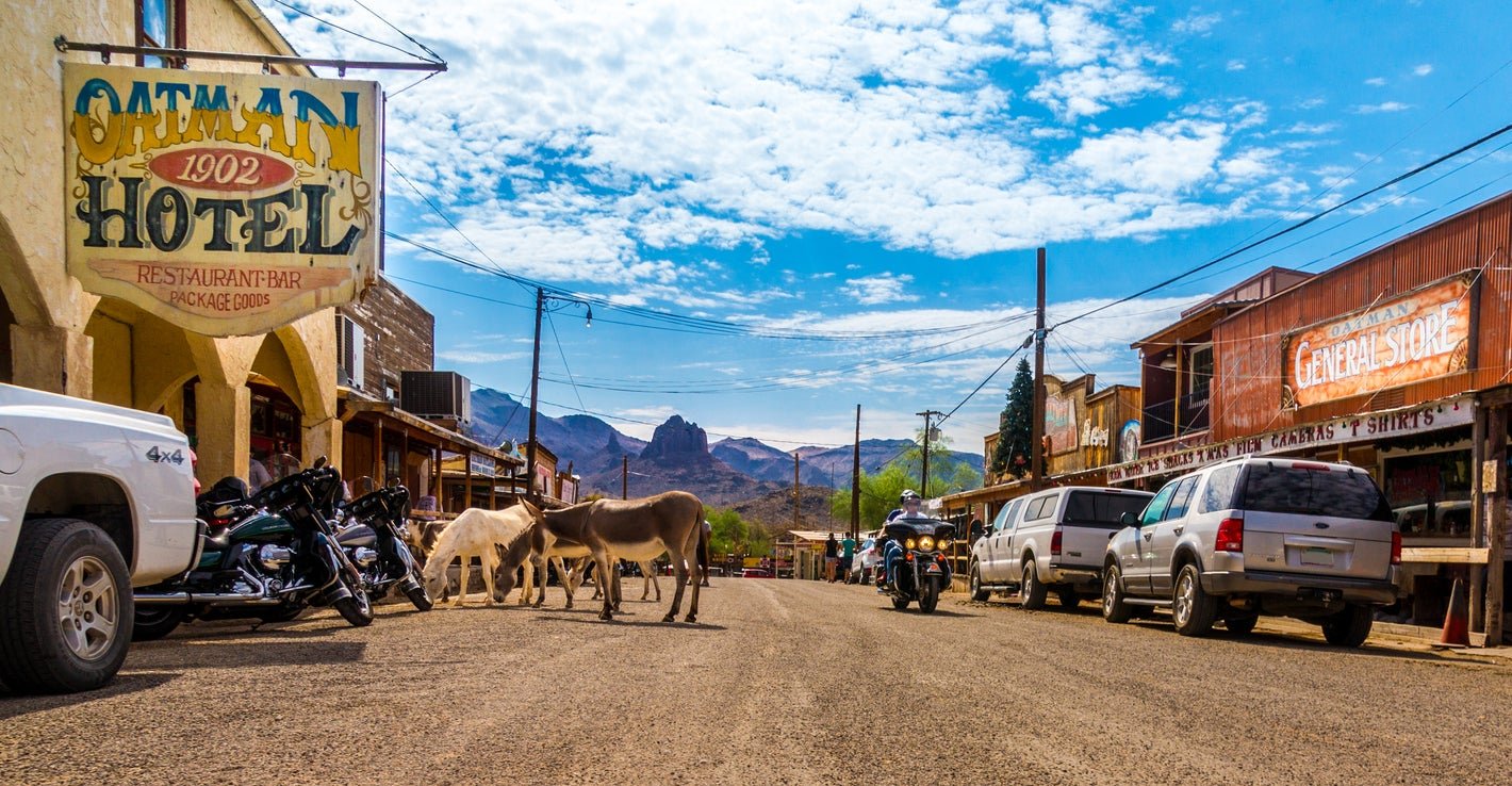 The original Route 66 passes through the former gold mining town of Oatman in Arizona. You’ll be led to fascinating spots like this by following the ‘Historic Route 66’ signs