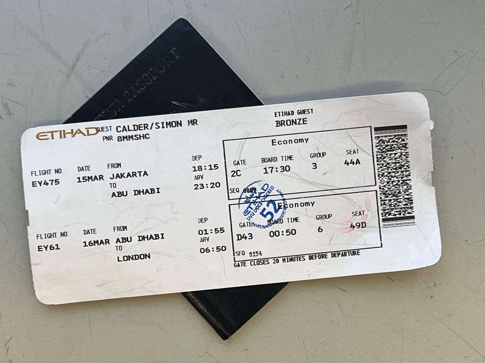 Just the ticket: Boarding pass for flight from Jakarta via Abu Dhabi to London
