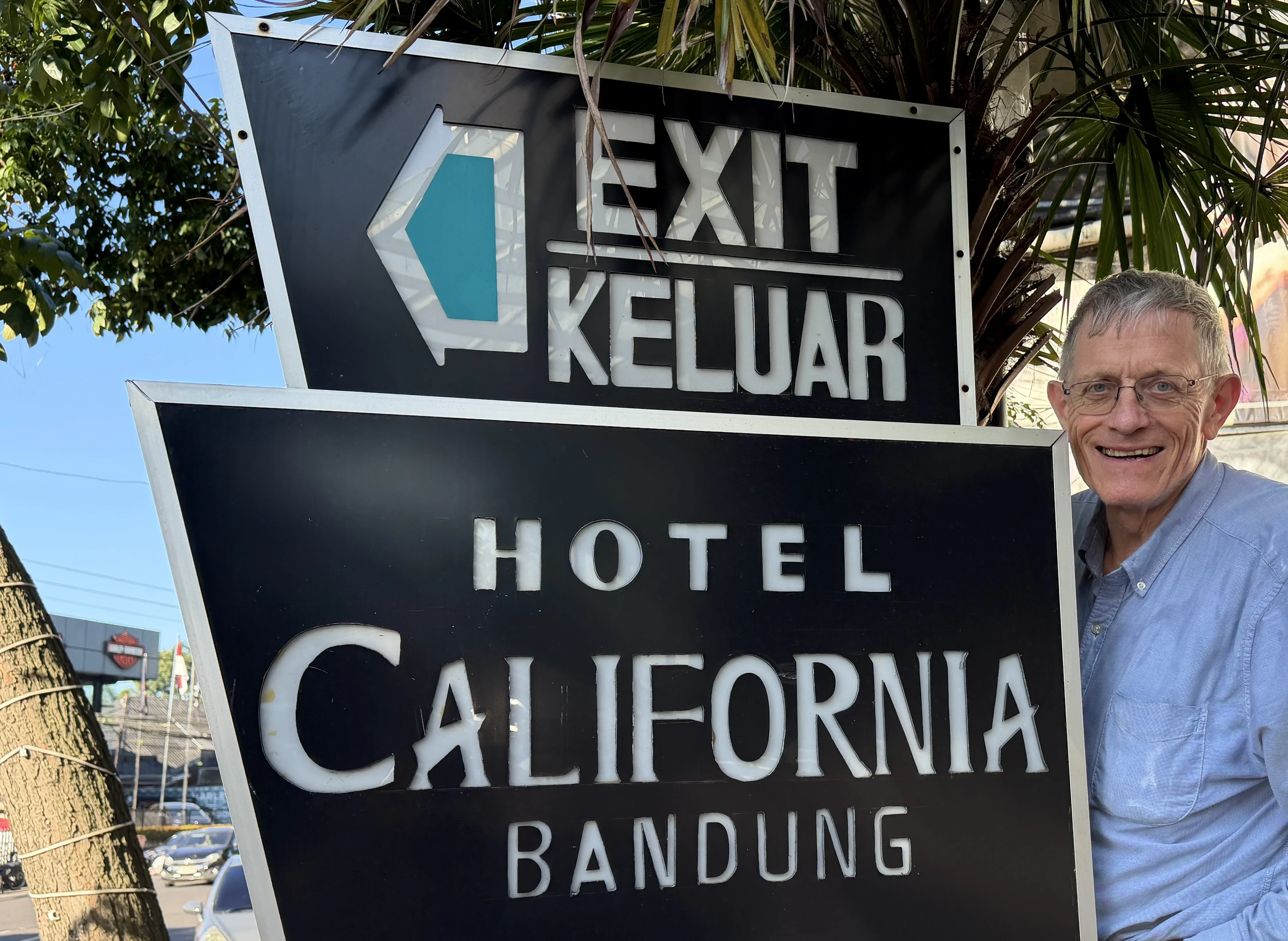 Plenty of room: Simon Calder outside Hotel California Bandung