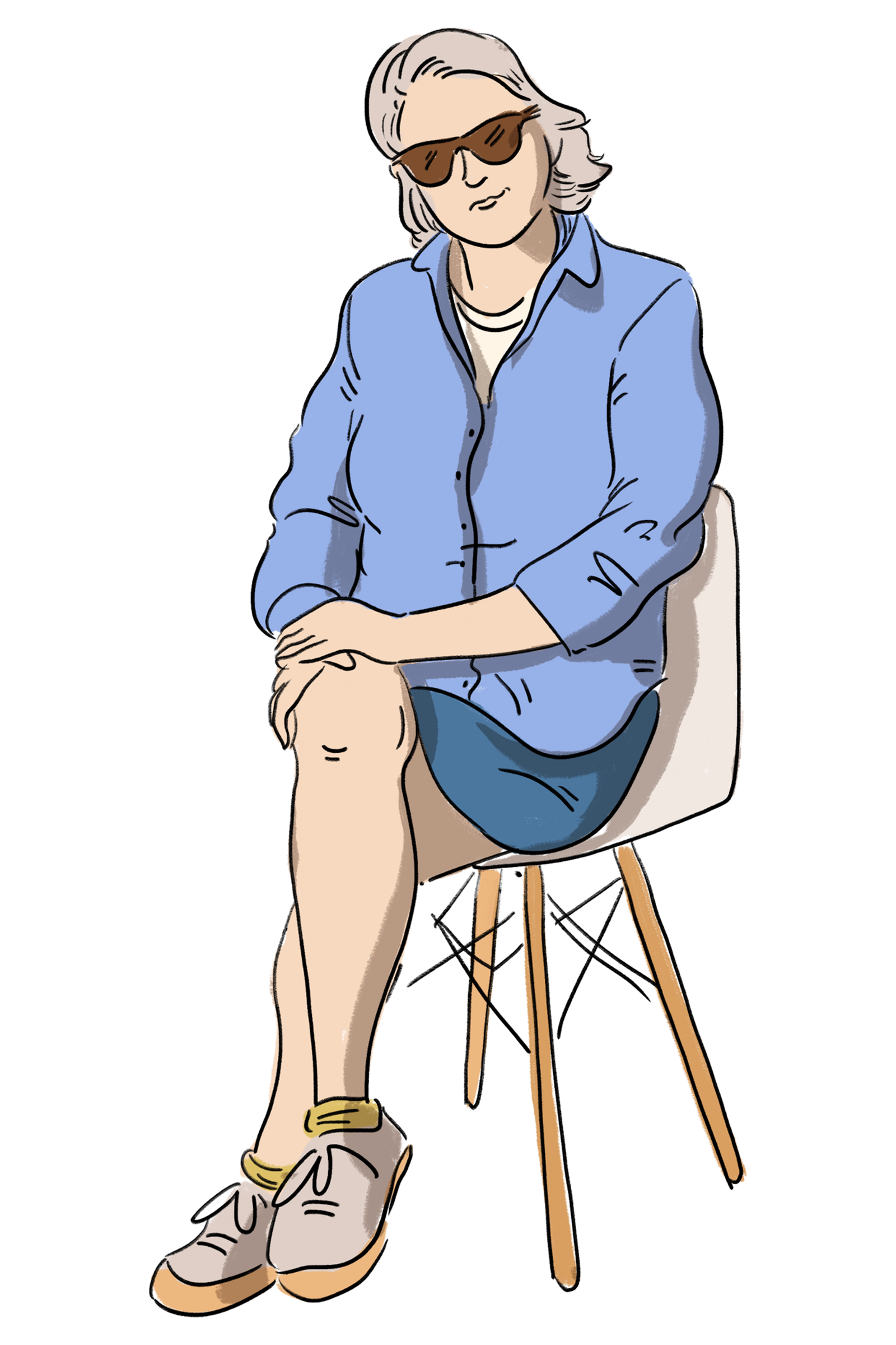 Image may contain Person Sitting Adult Accessories Sunglasses Art Face Head Clothing Footwear Shoe and Drawing