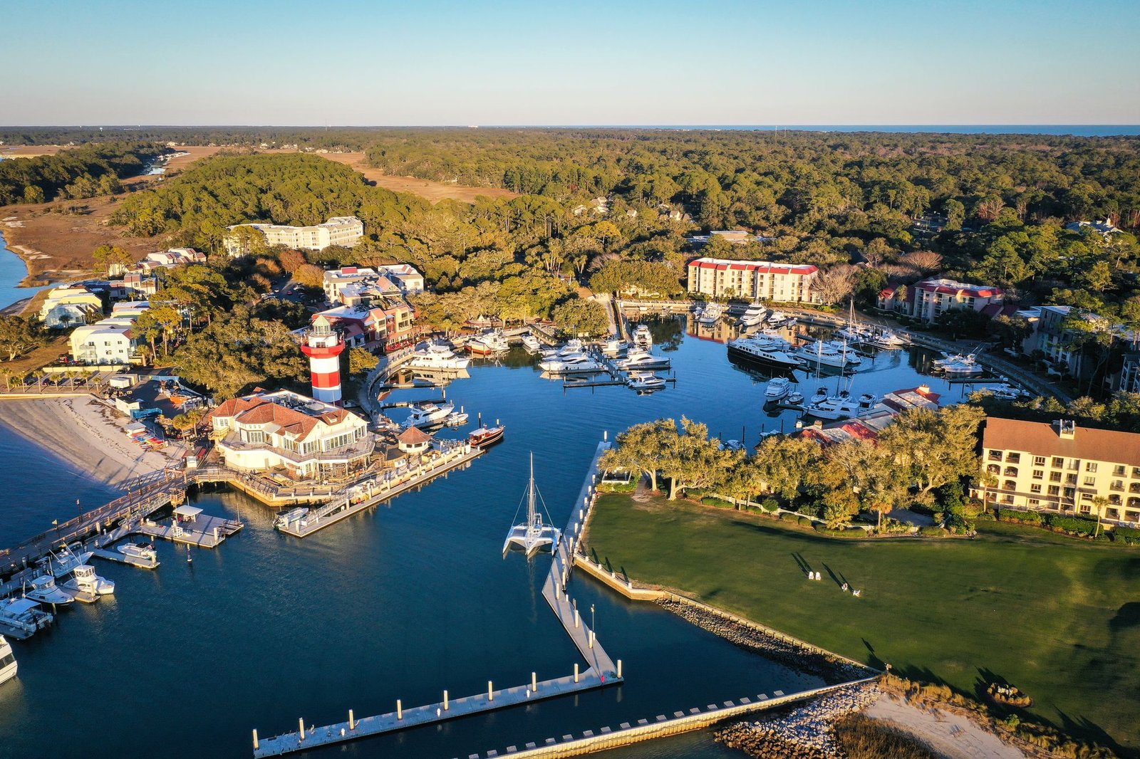 A view of Harbour Town and its striped lighthouse on Hilton Head Island