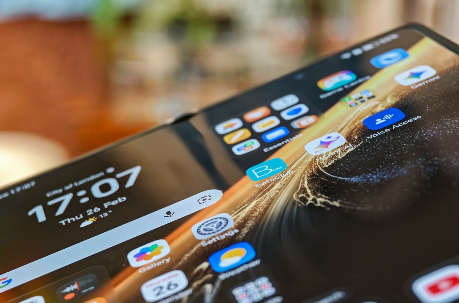 Photo of the Honor Magic V6, open, showing the crease