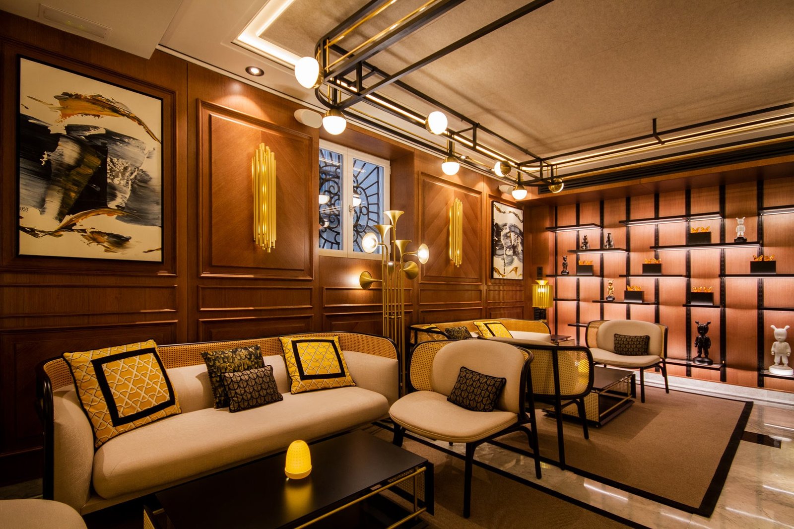 The hotel's bar area sits to one side of the lobby