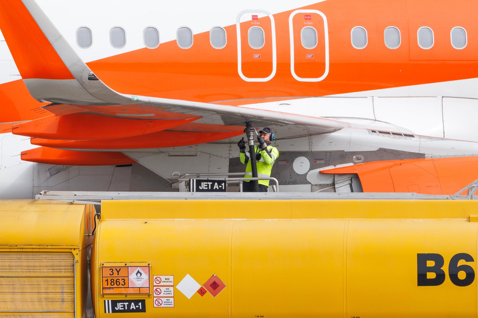 An EasyJet plane is refuelled ahead of takeoff at Southend Airport on April 17, 2026 in Southend, England