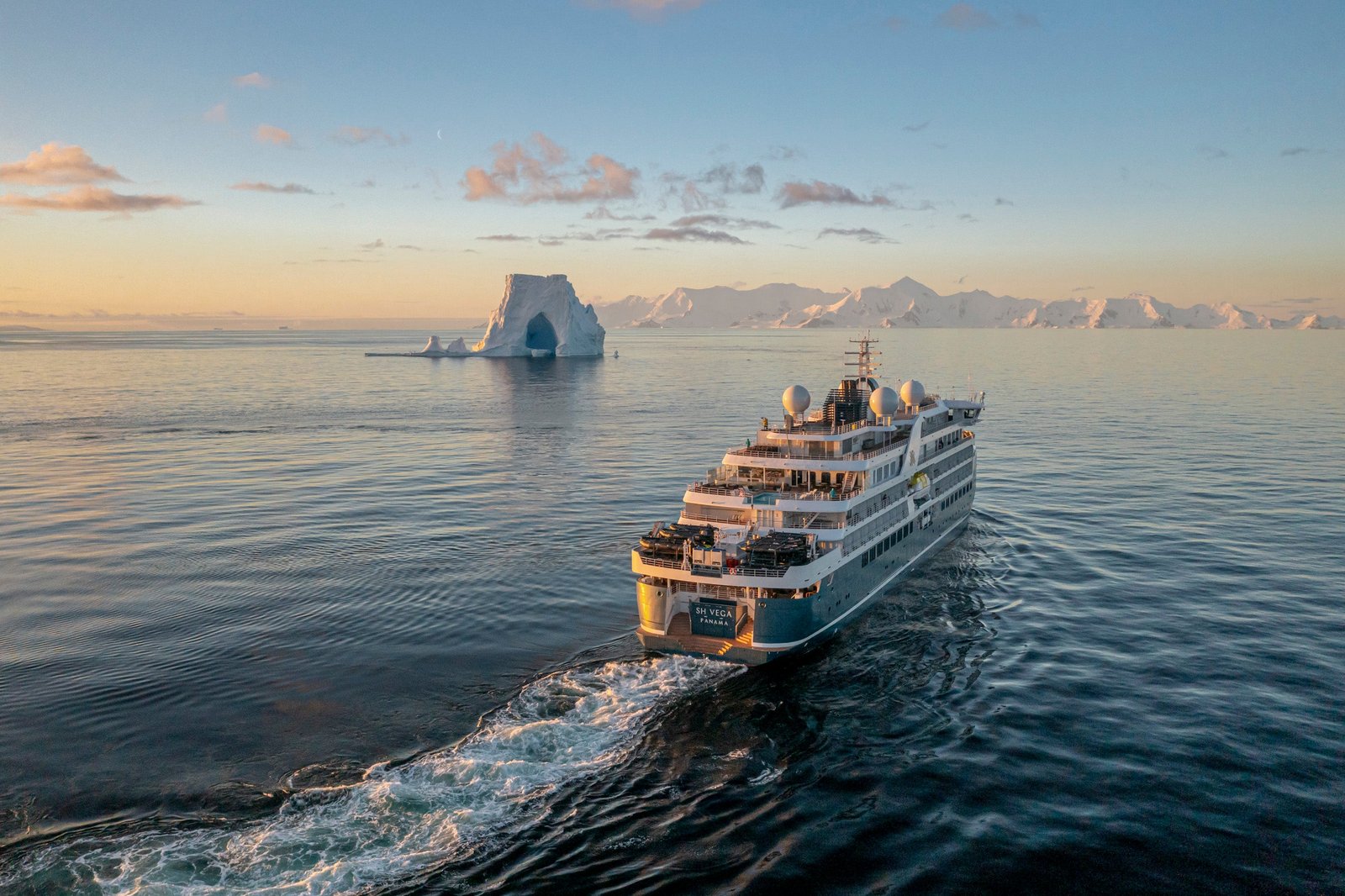 Swan Hellenic's expedition cruise ship, SH Vega, sails through an icy landscape