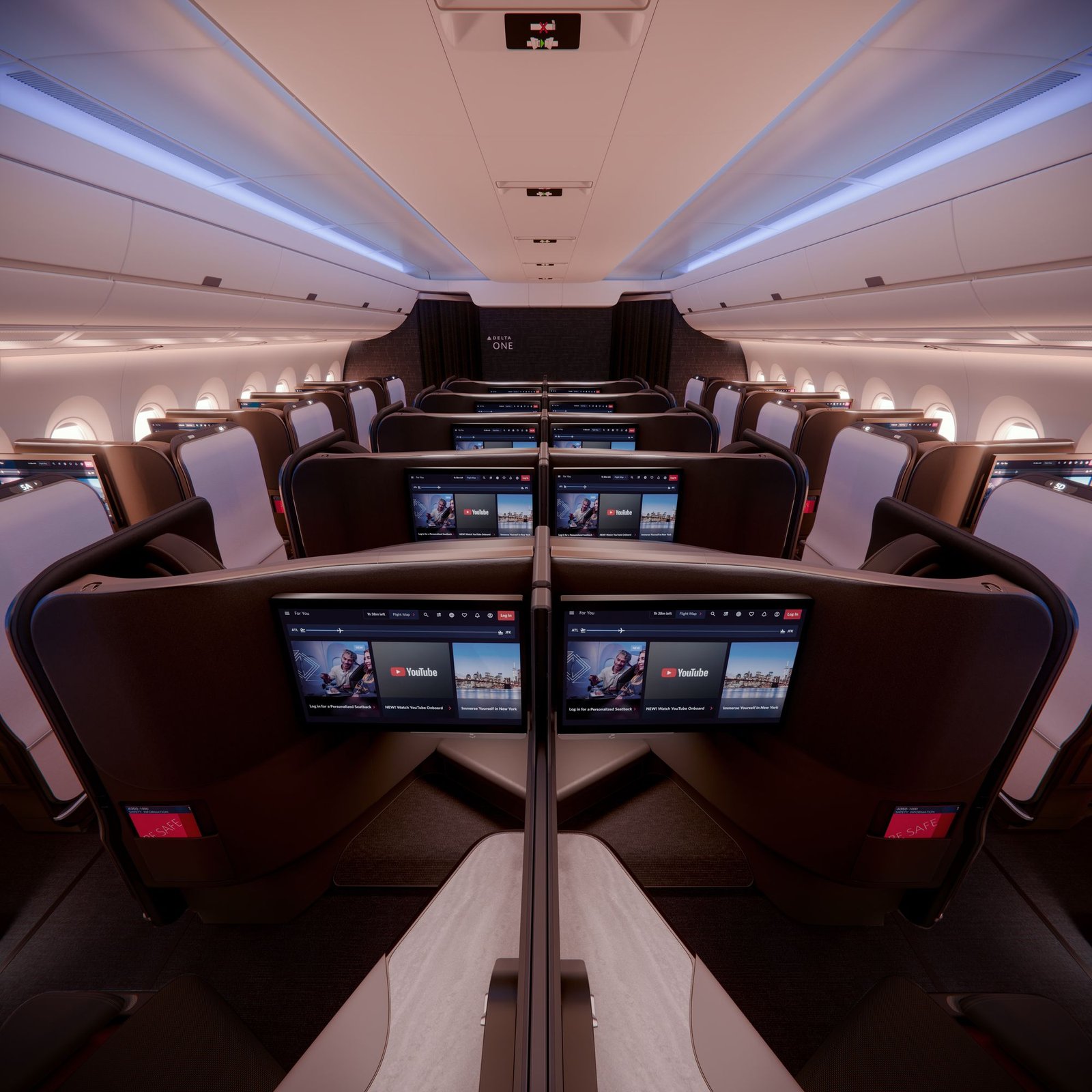 This image shows the new Delta One A350-1000 business class seat as part of the company’s $1 billion cabin upgrade program