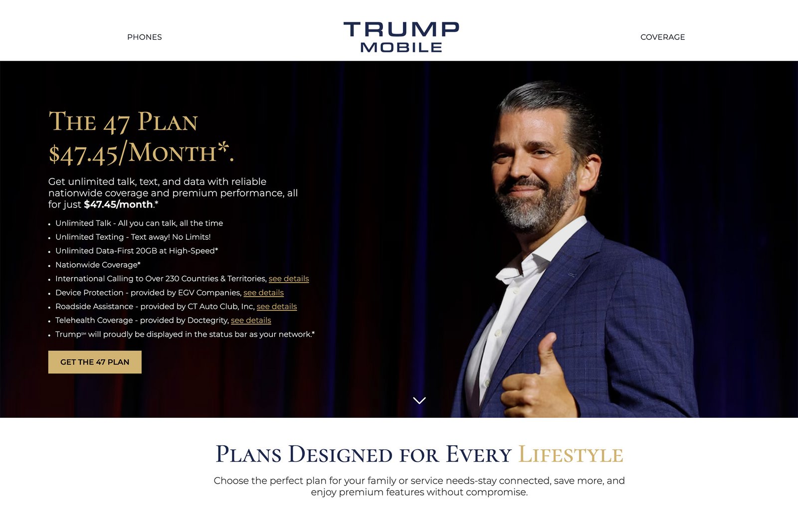 Screenshot from the Trump Mobile website showing an image of Don Trump Jr. giving a thumbs up next to details on the 47 Plan
